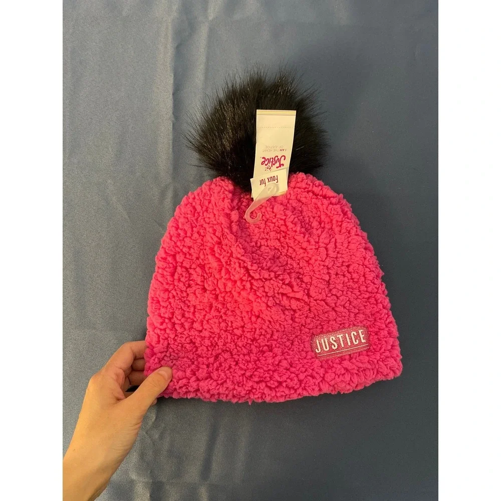 Justice Girls Hot Pink Sherpa Beanie Hat Black Faux Fur Pom Pom One Size NWT‎